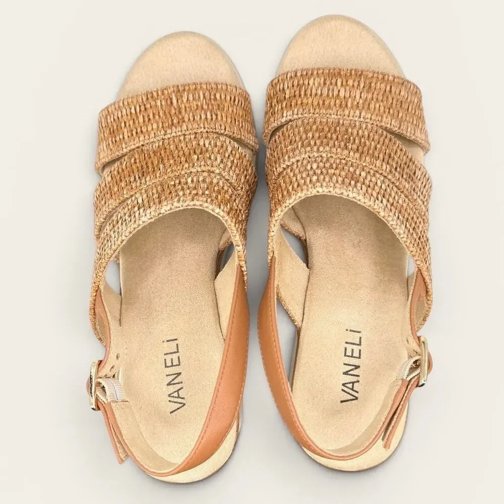 VANELi Cleon Wedge Sandals 7M Tan Straw Slingback Comfort Platform Shoes